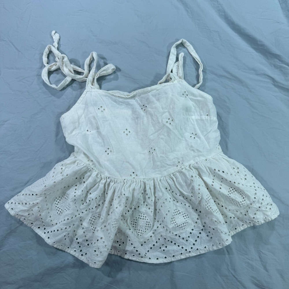 Madewell White Eyelet Lace Peplum Camisole Top Tie Straps Smocked Back XS